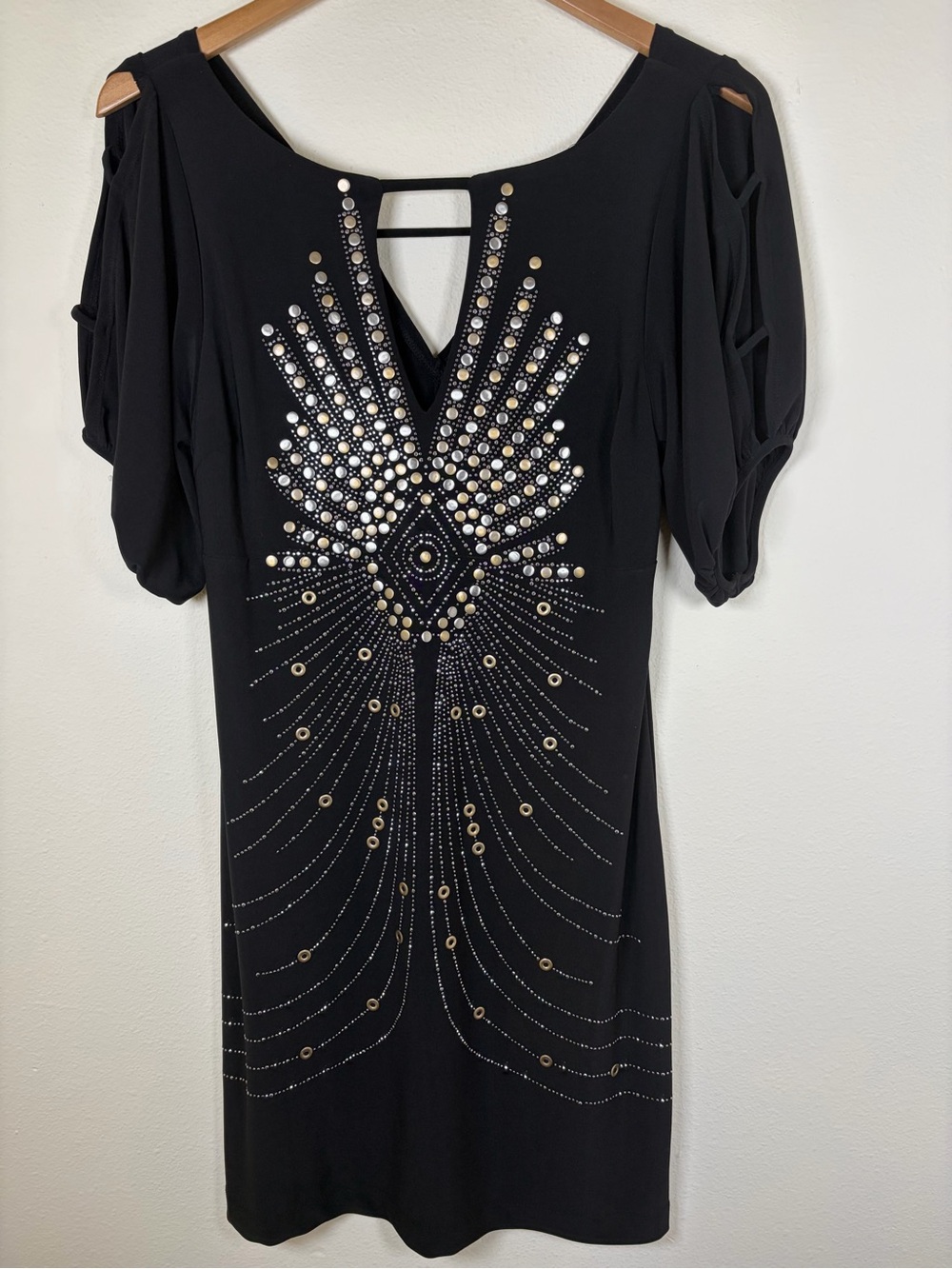 Bisou Bisou Glamcore Black Studded Dress Size 6 Cold Shoulder Cocktail